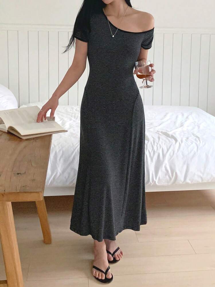 Women's Striped Asymmetrical Shoulder Bodycon Waist Midi Dress, Elegant Summer Sundress