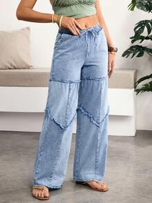 Breezaya Quần jeans nữ ống rộng, cạp chun, có túi, gấu quần rách, kiểu dáng thường ngày, đa năng, thích hợp mặc hàng ngày, quần tây nữ, quần hè nữ, quần công sở, quần ống rộng denim. - Màu xanh lam - Xem 6