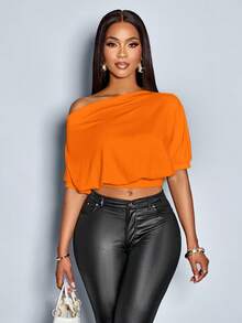 SOLERSUN Women's Solid Asymmetrical Neck Ruched Shoulder Tee - Orange - View 3