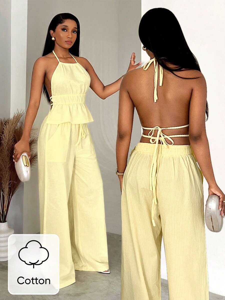 SHEIN BamGlam 女士纯色露背无袖上衣和打结长裤休闲两件套 - 黃色 - 查看 1