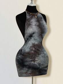 SHEIN ICON Tie-Neck Bodycon Backless Tie-Dye Mini Dress ,Summer Dress - Grey - View 5