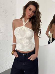 Aloruh 浪漫约会度假婚礼露背吊带薄纱纹理女式背心 - 白色 - 查看 3