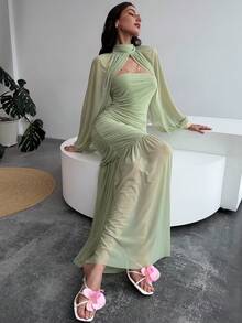 Aloruh Lantern Sleeve Green Ruched Elegant Mesh Mermaid Dress - Green - View 6
