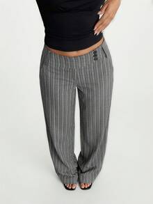 SHEIN SXY 女士条纹腰部纽扣设计直筒休闲裤 - 彩色 - 查看 1