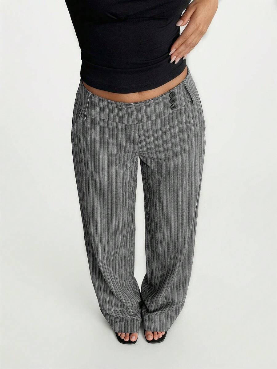 SHEIN SXY 女士条纹腰部纽扣设计直筒休闲裤 - 彩色 - 查看 1