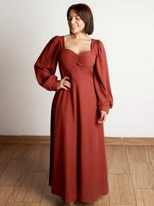 Lupita Cardoza Women's Fall Elegant Square Collar Puff Sleeve Waisted Maxi Dress, Suitable For Daily Commute - Brown - View 4