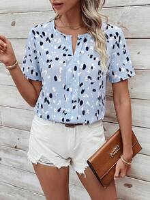 SHEIN LUNE Women's Casual Notch Collar Short Sleeve Printed Shirt, Summer - Blue - View 5