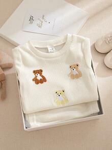 Souflis Souflis 男婴卡通熊刺绣圆领短袖上衣搭配纯棕色短裤，风格活泼，适合日常穿着、户外活动和舒适的居家穿着，轻松打造可爱的儿童装扮。 - 杏色 - 查看 1