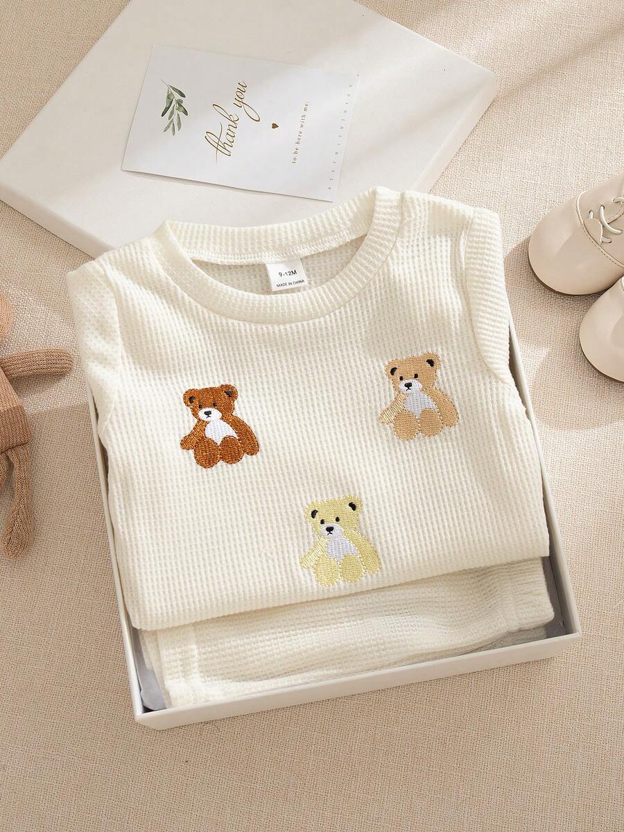 Souflis Souflis 男婴卡通熊刺绣圆领短袖上衣搭配纯棕色短裤，风格活泼，适合日常穿着、户外活动和舒适的居家穿着，轻松打造可爱的儿童装扮。 - 杏色 - 查看 1