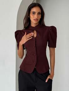 Aloruh 女士优雅高领羊腿袖修身酒红色衬衫 - 酒紅色 - 查看 4