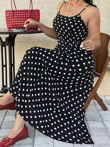 GalTyme Đầm hai dây in chấm bi thanh lịch và thời trang dành cho nữ cỡ lớn - màu đen - Xem 1