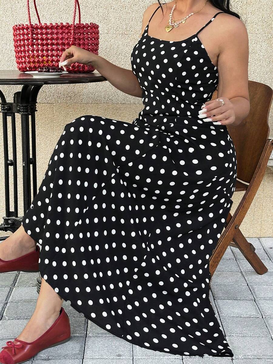 GalTyme Đầm hai dây in chấm bi thanh lịch và thời trang dành cho nữ cỡ lớn - màu đen - Xem 1