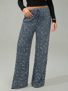 SHEIN Tall 女士黑色丝绒亮片休闲/音乐会/鸡尾酒会/夜生活/嘉年华抽绳阔腿裤 - 灰色 - 查看 7