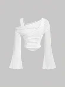 SHEIN MOD 2pcs/Set Summer Oblique Collar Ruffle Flare Sleeve Fitted T-Shirt Off The Shoulder Mesh See Through Tops White And Burgundy Night Out - Multicolor - View 8