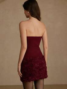 Aveloria Revavyn 3D Floral Patchwork Textured Bodycon Sexy Bandeau Mini Dress - Burgundy - View 2