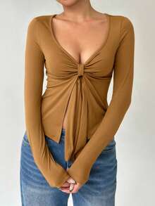 Flirla Women's Casual Solid Color Soft & Comfortable Long Sleeve T-Shirt - Gold - View 3
