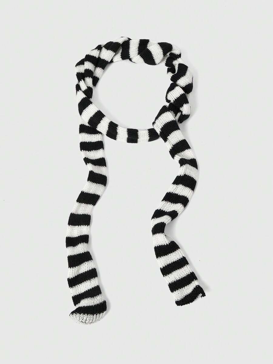 ROMWE Street Life 1条Y2K复古条纹图案细围巾，适合朋克摇滚日常穿搭。 - 黑與白 - 查看 1