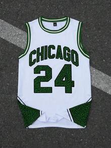 Aesthetic Post Men's Summer Casual Sports Collegiate Style Numeric & Letter Print Contrast Striped Binding Basketball Jersey - Green - View 1