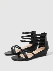 Sleekvia Women Shoes Summer Round Toe Black Stripe Simple Commuter Daily Versatile Occupation Comfortable Wedge Heel Women Sandals Women's Shoes - Black - View 2