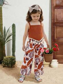SHEIN 2pcs/Set Girls' Summer Creative 3D Embroidery Decor Camisole With Ruffle Hem And Casual Pants Set - Brown - View 8