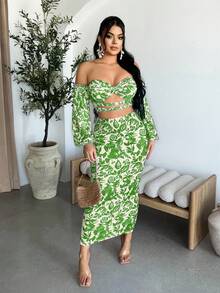SHEIN SXY 女士印花露肩灯笼袖扭结设计短款性感上衣 - 綠色 - 查看 5