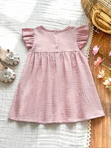SHEIN Vintaside Kids 1pc Baby Girls' Summer Dresses New Round Neck Ruched Squishy Fabric Ruffle Sleeve Front Embroidered Half Open Back Hem Pink Simple Versatile Pastoral Sweet Cute Princess Dress - Pink - View 2