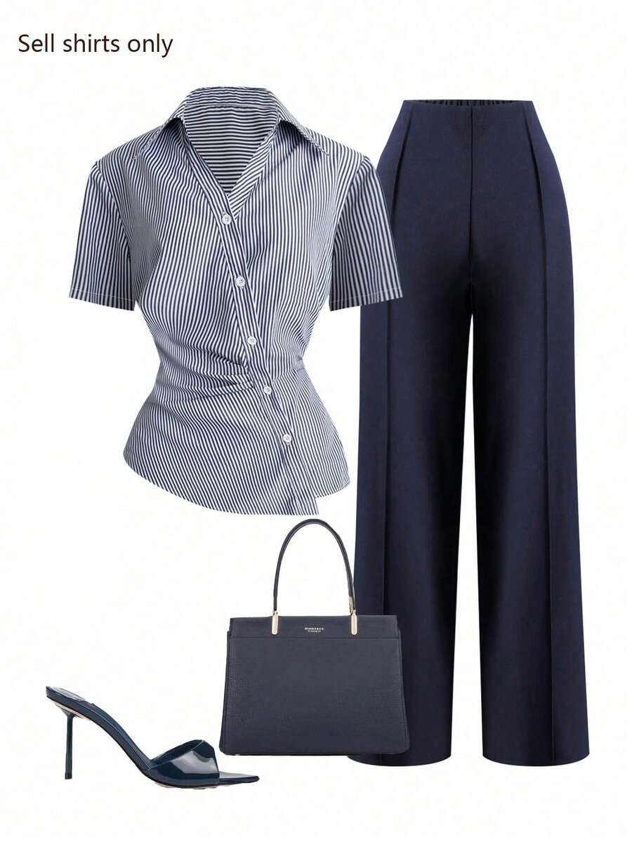 Franclia New Stylish Striped Oblique Button Casual Shirt - Blue - View 1