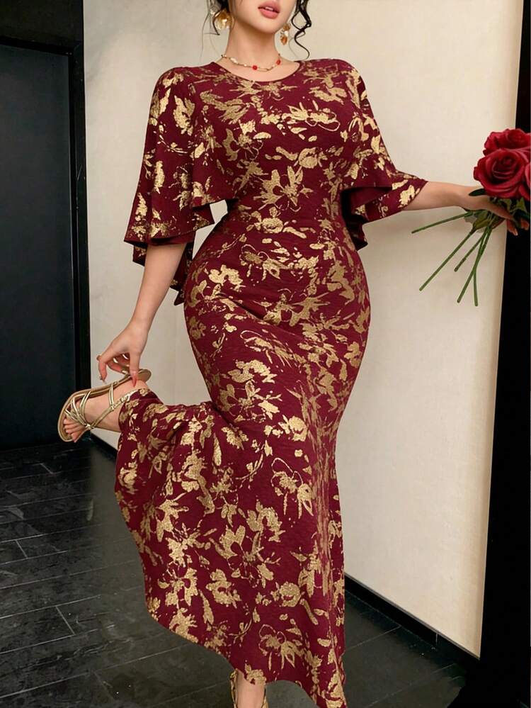 Women's Elegant Floral Textured Round Neck Mermaid Midi Dress, Summer Wedding Guest Dress Sundress
