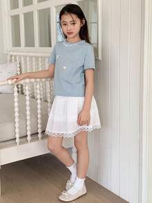 DAZY Girls Embroidered Round Neck Knit Short Sleeve T-Shirt And Skirt 2-Piece Set, Tween Girl Fall Outfit - Blue - View 2