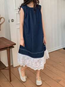 DAZY 少女夏季休闲度假撞色荷叶边下摆无袖牛仔连衣裙 - 藍色 - 查看 8