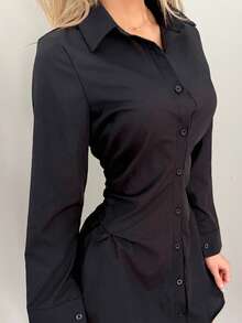 Sydney Algeri Vestido Camiseta Feminino Ajustado Franzido de Cor Sólida - Preto - Visão 5