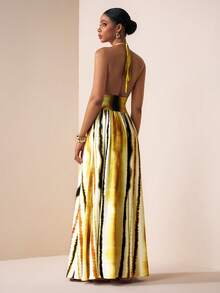 Zivah 2026春夏新品，情人节、音乐节、复活节、西部风、波西米亚风、纳什维尔风格深V领露背系带A字长裙，彩色条纹长裙，度假裹身裙，女士连衣裙，黄色连衣裙，惊艳连衣裙，沙滩黄色连衣裙 - 黃色 - 查看 2