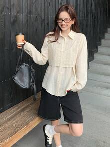 DAZY Women's Striped Lapel Long Sleeve 2 Pieces Shirt Set, Spring/Summer - Apricot - View 2