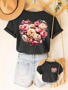 DrmWander 度假、春季、休闲女装、春季碎花上衣、女士图案T恤、可爱休闲上衣、可爱短袖上衣、碎花爱心印花T恤 - 深灰色 - 查看 1