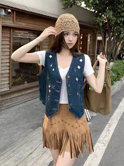 DAZY Blusa de mezclilla lavada con capas, estilo callejero coreano elegante