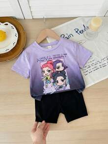 SHEIN 2件套女婴针织可爱渐变色圆领T恤和短裤套装 - 彩色 - 查看 9