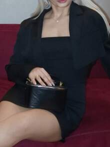 salliqueen 2 件套：优雅修身西装外套和露肩连衣裙，适合通勤、秋冬 - 黑色 - 查看 6