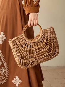 MOTF PREMIUM WOMEN'S FASHION HOLIDAY STRAW HOLLOW PORTABLE TOTE BAG, SUITABLE FOR VACATION TRAVEL - Camel - View 6