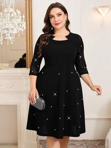 SHEIN Clasi 大码纯色水钻装饰修身优雅连衣裙 - 黑色 - 查看 5