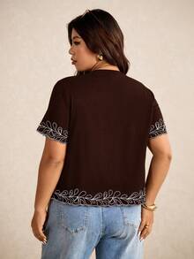 Elaquor Plus Size Round Neck Short Sleeve Casual Loose Summer Versatile T-Shirt - Brown - View 3