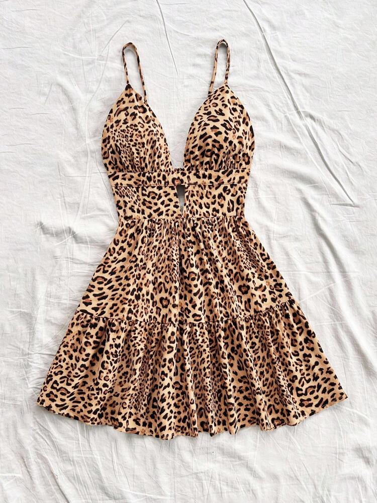 SHEIN PETITE CURVE Váy họa tiết da báo màu đen họa tiết hoa dành cho nữ cỡ lớn, thích hợp cho kỳ nghỉ. - Màu be - Xem 5