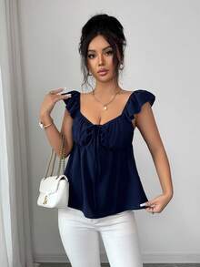 Rafferiza Women's Elegant Fashionable Sleeveless Top With Flare Sleeves, Chest Cup, Drawstring, Ruched, Bow Design, Suitable For Spring/Summer Vacation - Navy Blue - View 5