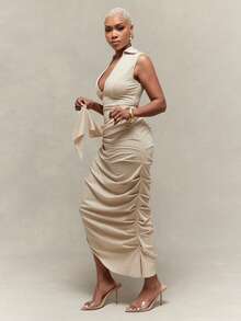 Vixey Pointed Collar Open V Neck Asymmetrical Draped Midi Dress - Apricot - View 5
