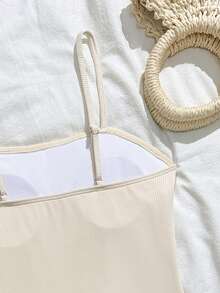 SHEIN Maiô Infantil Feminino com Babado de Concha Ondulada e Saia de Tule, Estilo Elegante e Casual, Adequado para Natação, Férias de Verão, Praia, Piscina, Festa de Férias, Roupa de Praia de Verão, Maiô Feminino, Vestido de Praia Feminino, Vestido de Verão Feminino, Vestido Saída de Praia Feminino, Maiô Canelado - Damasco - Visão 6