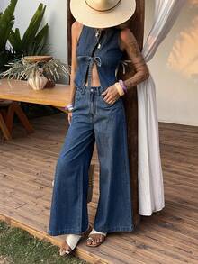 DAZY 女士圆领无袖蝴蝶结背心和宽松直筒牛仔裤休闲套装 - 中等水洗藍 - 查看 4