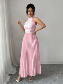 Elenzga Women's Elegant Romantic Pleated Holiday Dress - Baby Pink - View 4