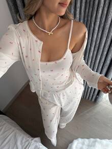 DAZY 3件套甜美碎花全印花开衫、吊带背心和裤子女士睡衣套装 - 白色 - 查看 1