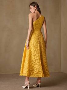 BELROSIE Sweet Vacation Style Asymmetric Shoulder Pleated Ruffle Trim Sleeveless Dress - Yellow - View 2