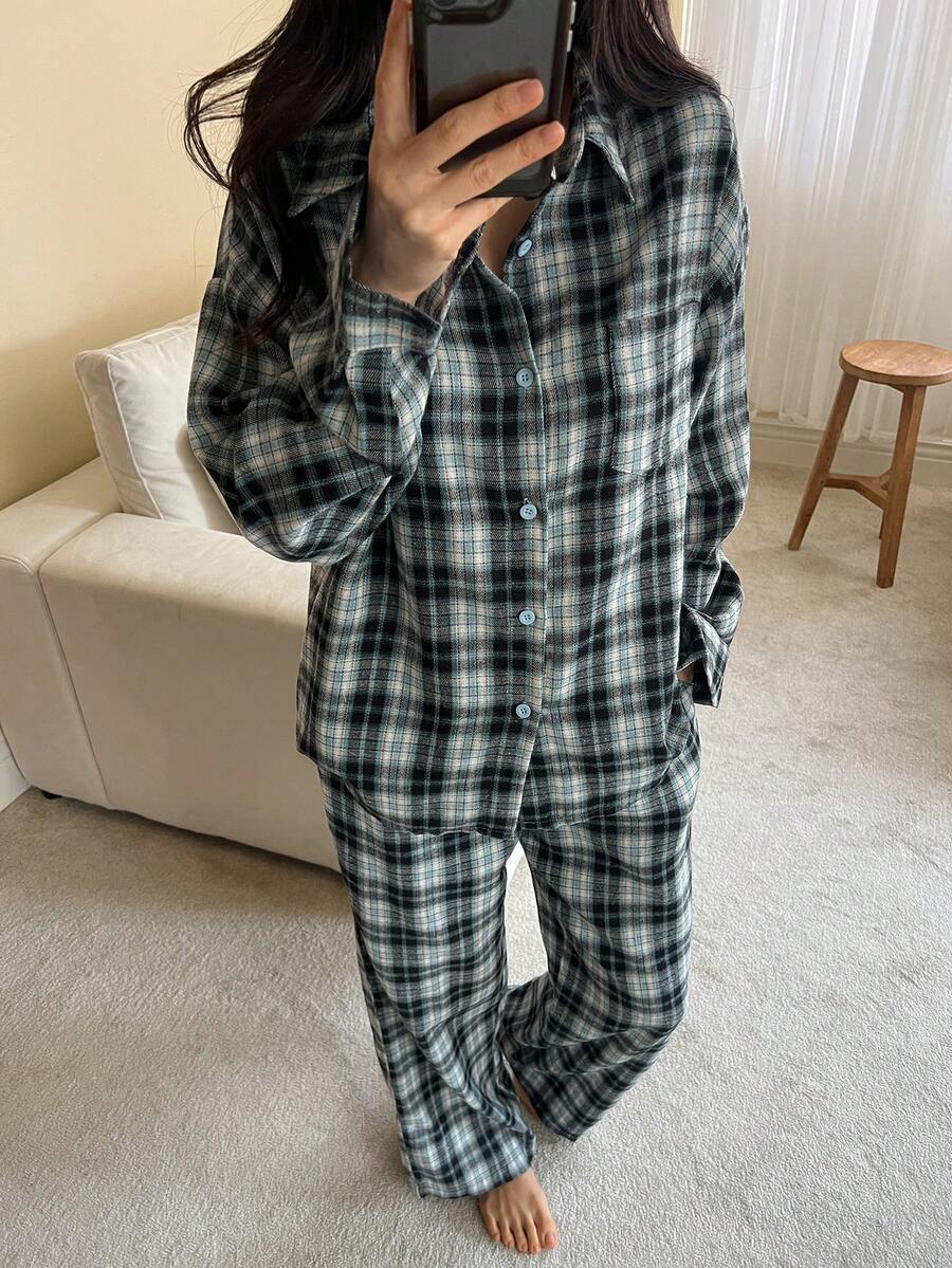 DAZY 两件套女士格子睡衣套装，宽松开衫长袖衬衫和长裤，适合秋冬季和圣诞节穿着。 - 藍色 - 查看 1