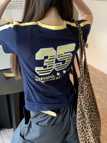 DAZY 女士撞色领拼接字母印花修身短袖休闲街头T恤，夏季图案T恤 - 藏蓝色 - 查看 3